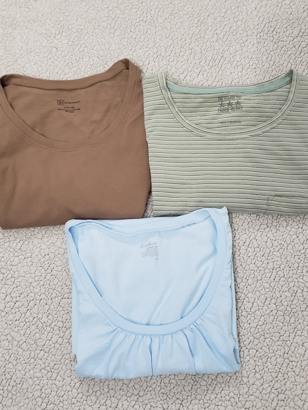 BUNDLE 3 Women's Short Sleeve Tee Shirt  | Green Stripe, Light Blue, Brown | M/L